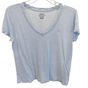 Polo Ralph Lauren Blue Linen V-Neck Short Sleeve Shirt Coastal Preppy Size SMALL